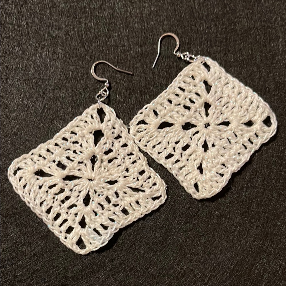 Sterling Silver and White Square Crochet Earrings